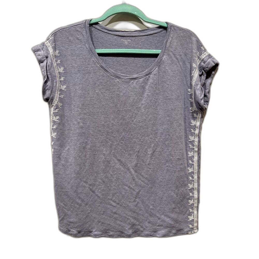 Garnet Hill Gray Short Sleeve Embroidered Side-Panel Tee